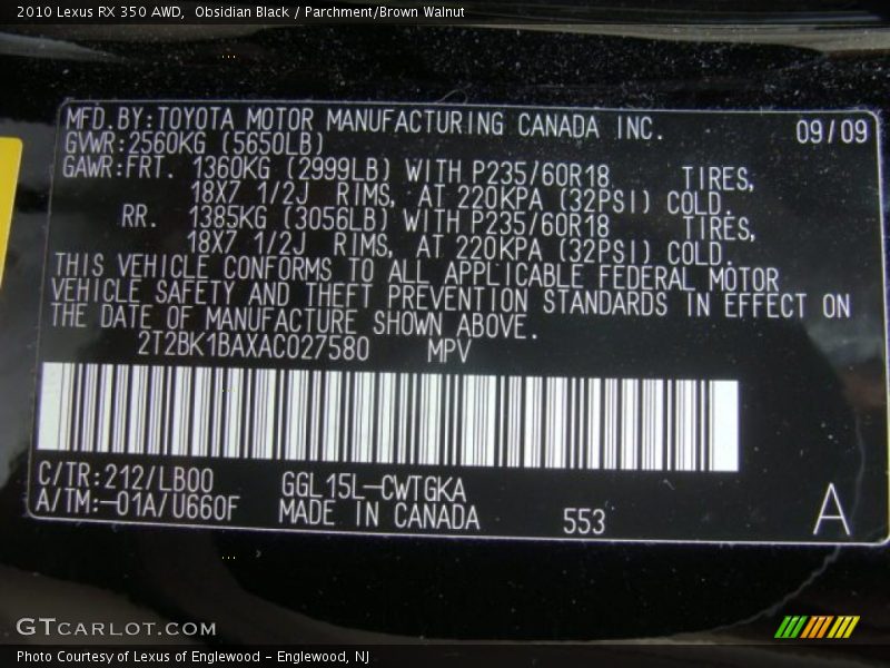 Obsidian Black / Parchment/Brown Walnut 2010 Lexus RX 350 AWD