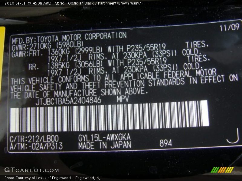 Obsidian Black / Parchment/Brown Walnut 2010 Lexus RX 450h AWD Hybrid