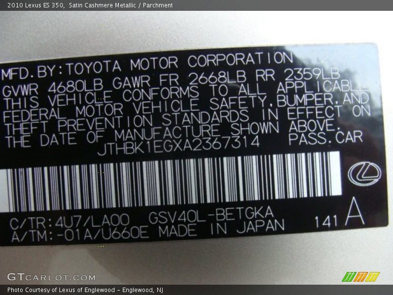 Satin Cashmere Metallic / Parchment 2010 Lexus ES 350