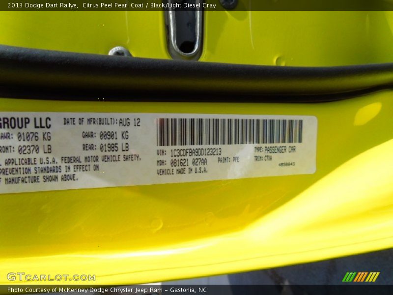 2013 Dart Rallye Citrus Peel Pearl Coat Color Code PFE