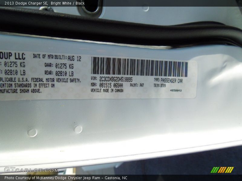2013 Charger SE Bright White Color Code PW7
