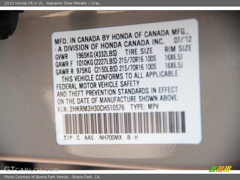 Alabaster Silver Metallic / Gray 2012 Honda CR-V LX
