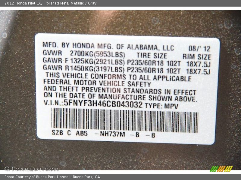 Polished Metal Metallic / Gray 2012 Honda Pilot EX