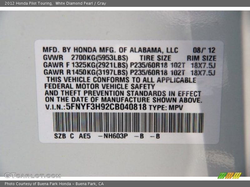 White Diamond Pearl / Gray 2012 Honda Pilot Touring