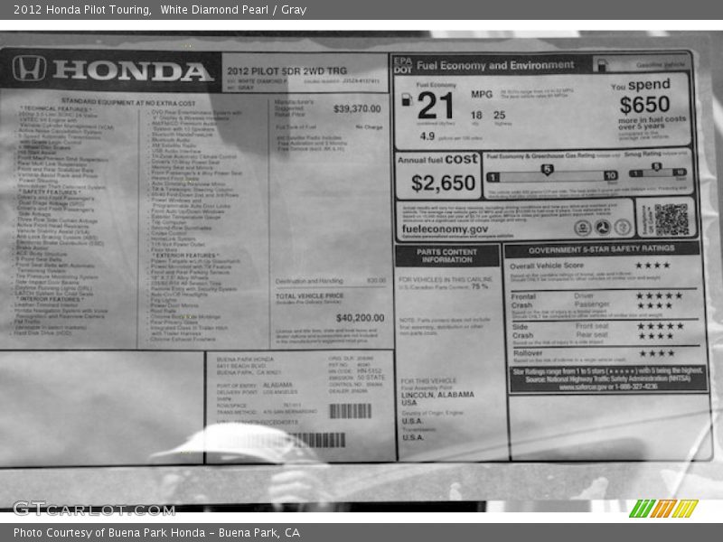 White Diamond Pearl / Gray 2012 Honda Pilot Touring