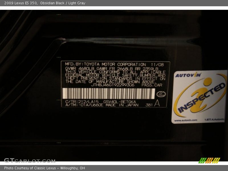 Obsidian Black / Light Gray 2009 Lexus ES 350