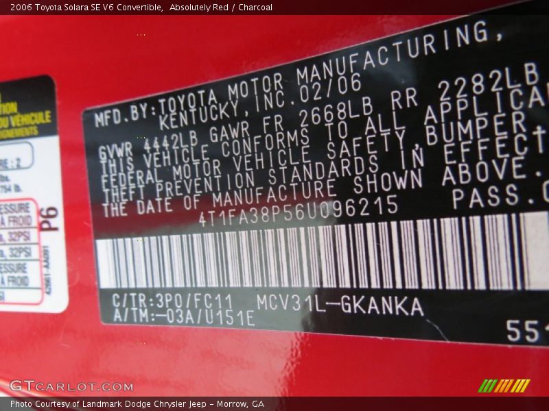 2006 Solara SE V6 Convertible Absolutely Red Color Code 3P0
