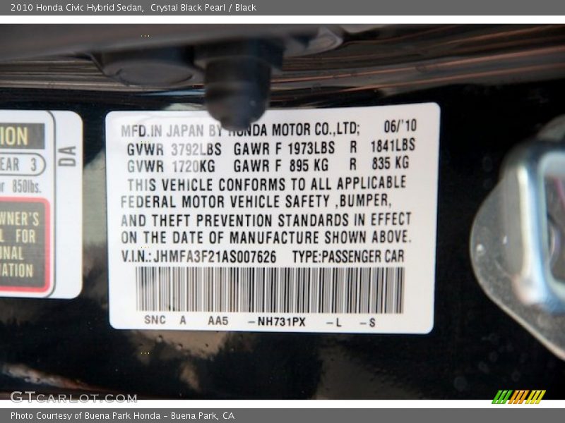 Crystal Black Pearl / Black 2010 Honda Civic Hybrid Sedan