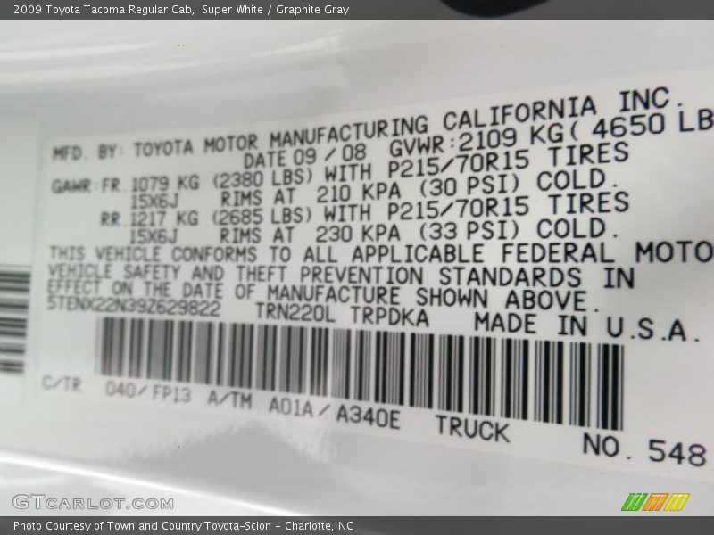 Super White / Graphite Gray 2009 Toyota Tacoma Regular Cab