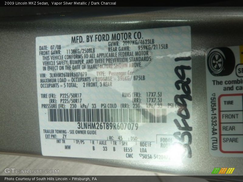 Vapor Silver Metallic / Dark Charcoal 2009 Lincoln MKZ Sedan