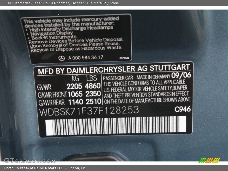 2007 SL 550 Roadster Aegean Blue Metallic Color Code 946