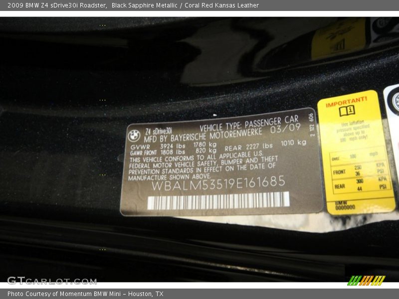 Black Sapphire Metallic / Coral Red Kansas Leather 2009 BMW Z4 sDrive30i Roadster