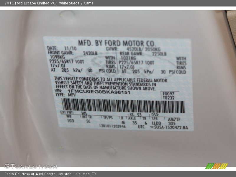 White Suede / Camel 2011 Ford Escape Limited V6