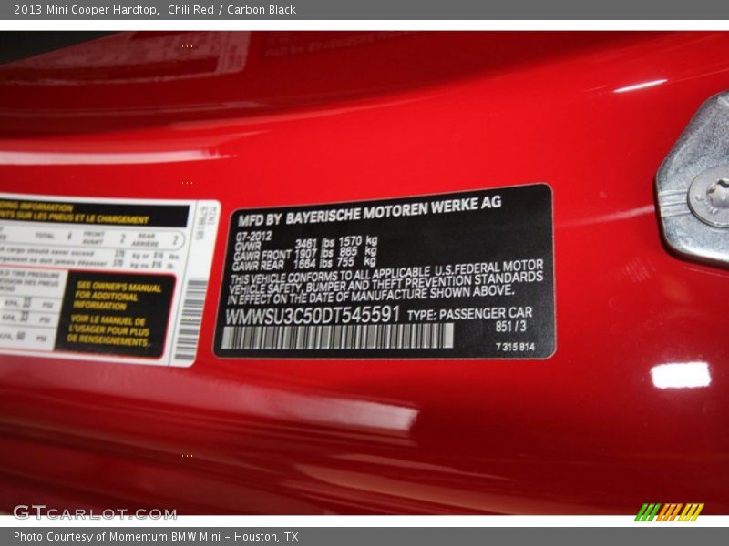 Chili Red / Carbon Black 2013 Mini Cooper Hardtop