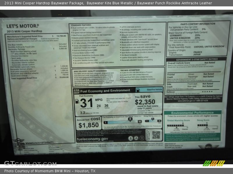  2013 Cooper Hardtop Bayswater Package Window Sticker