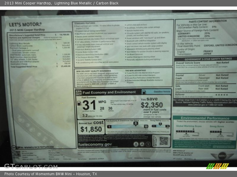  2013 Cooper Hardtop Window Sticker