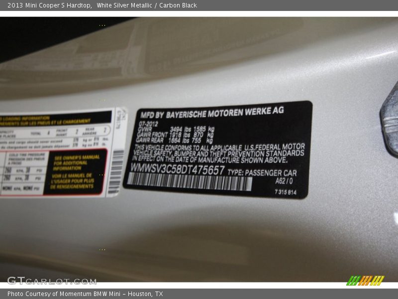 White Silver Metallic / Carbon Black 2013 Mini Cooper S Hardtop