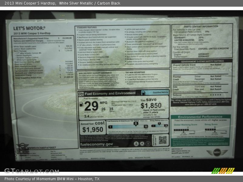 White Silver Metallic / Carbon Black 2013 Mini Cooper S Hardtop