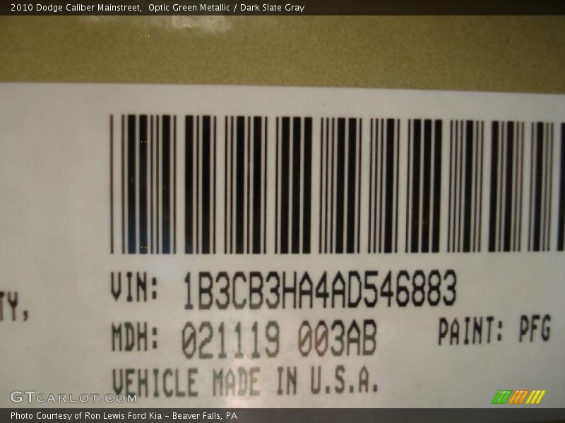 2010 Caliber Mainstreet Optic Green Metallic Color Code PFG