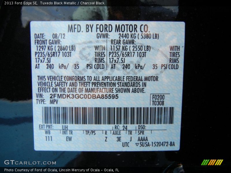 Tuxedo Black Metallic / Charcoal Black 2013 Ford Edge SE