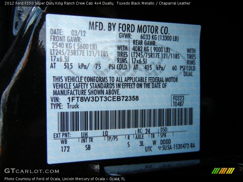 2012 F350 Super Duty King Ranch Crew Cab 4x4 Dually Tuxedo Black Metallic Color Code UH