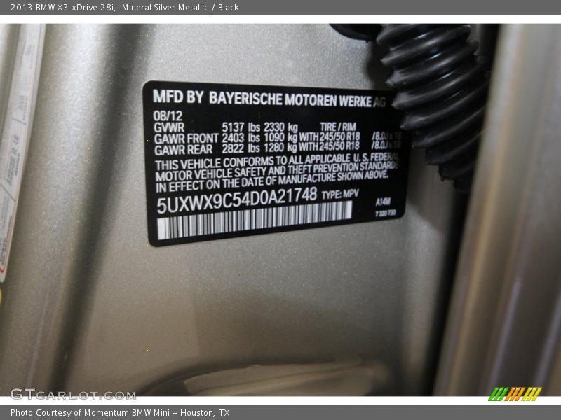 Mineral Silver Metallic / Black 2013 BMW X3 xDrive 28i