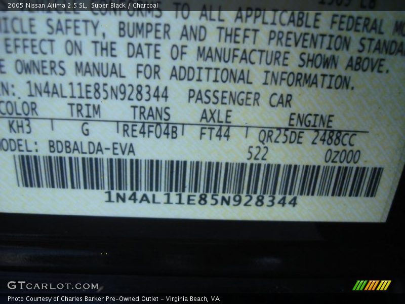 Super Black / Charcoal 2005 Nissan Altima 2.5 SL
