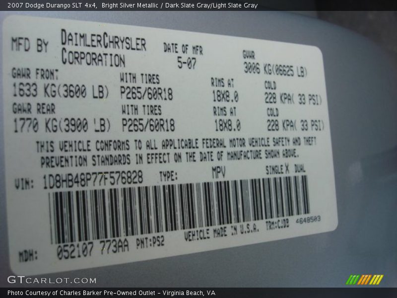 Bright Silver Metallic / Dark Slate Gray/Light Slate Gray 2007 Dodge Durango SLT 4x4