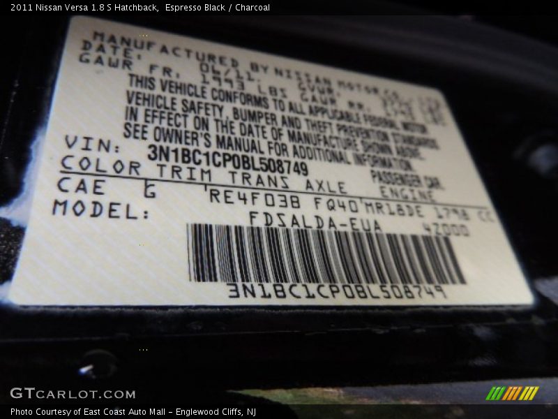 Espresso Black / Charcoal 2011 Nissan Versa 1.8 S Hatchback