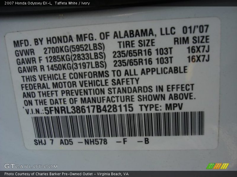 Taffeta White / Ivory 2007 Honda Odyssey EX-L