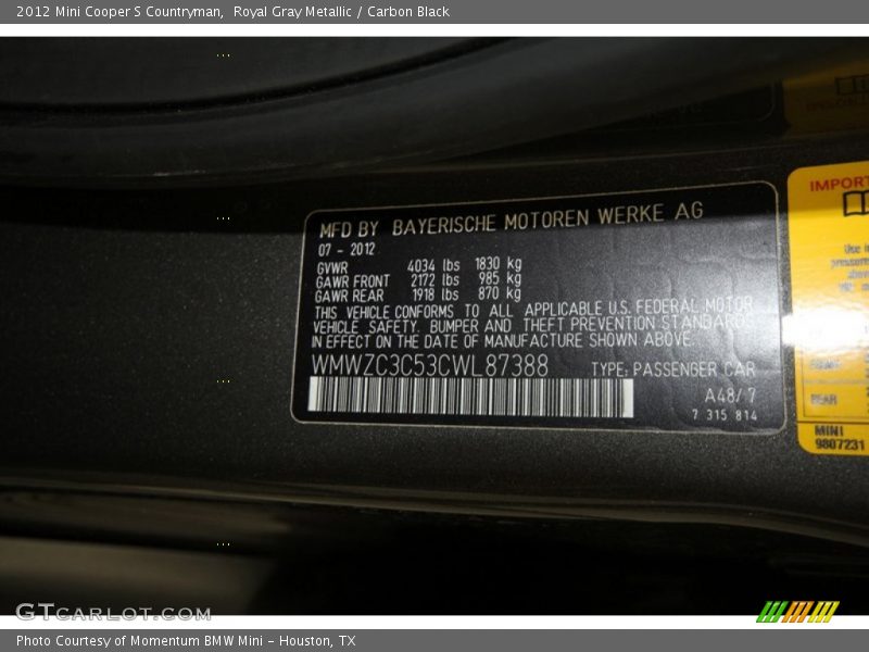Royal Gray Metallic / Carbon Black 2012 Mini Cooper S Countryman