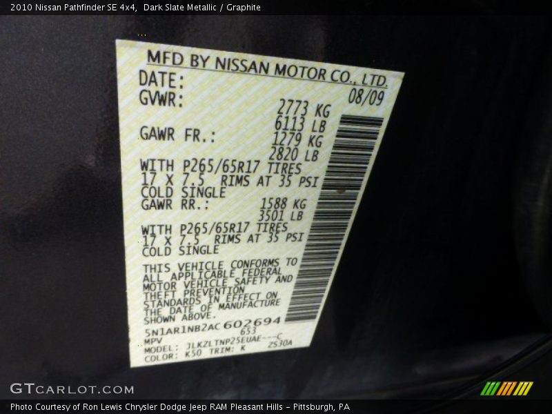 Dark Slate Metallic / Graphite 2010 Nissan Pathfinder SE 4x4