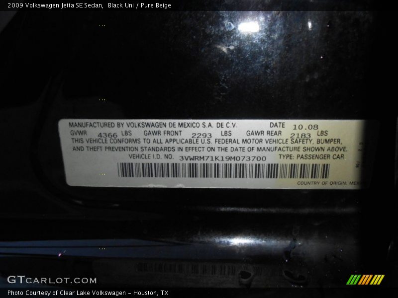 Black Uni / Pure Beige 2009 Volkswagen Jetta SE Sedan