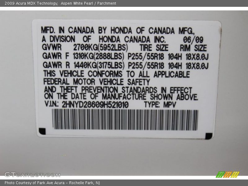 Aspen White Pearl / Parchment 2009 Acura MDX Technology