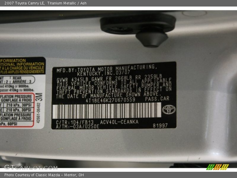 Titanium Metallic / Ash 2007 Toyota Camry LE