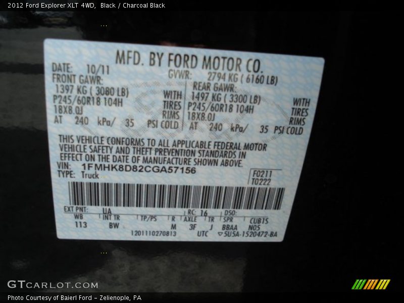 Black / Charcoal Black 2012 Ford Explorer XLT 4WD