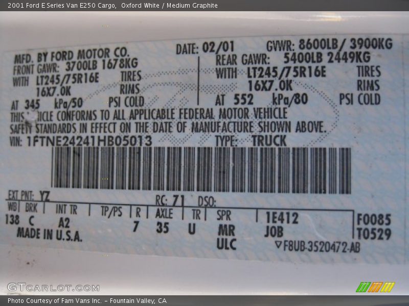 Oxford White / Medium Graphite 2001 Ford E Series Van E250 Cargo