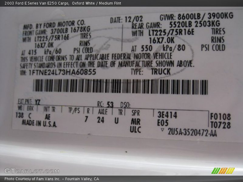Oxford White / Medium Flint 2003 Ford E Series Van E250 Cargo