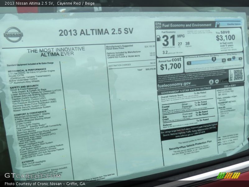  2013 Altima 2.5 SV Window Sticker