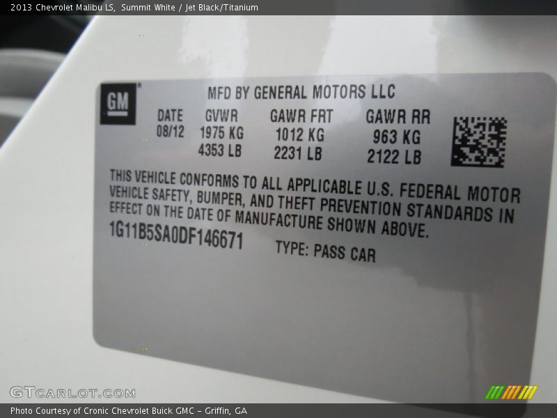 Summit White / Jet Black/Titanium 2013 Chevrolet Malibu LS