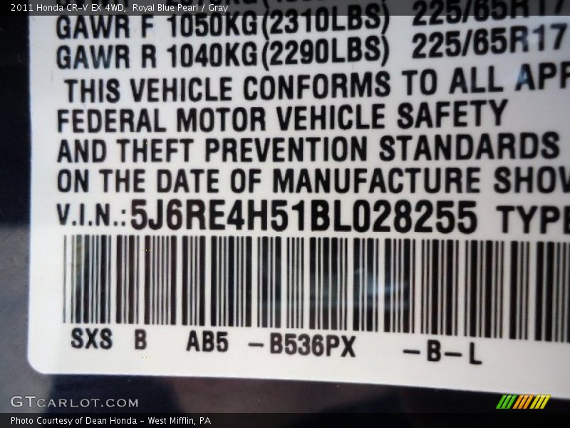 Royal Blue Pearl / Gray 2011 Honda CR-V EX 4WD