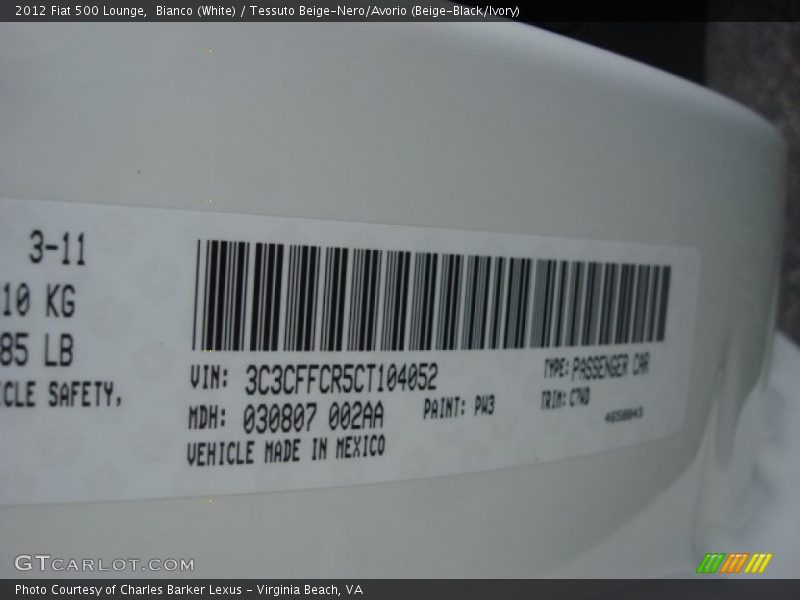 Bianco (White) / Tessuto Beige-Nero/Avorio (Beige-Black/Ivory) 2012 Fiat 500 Lounge