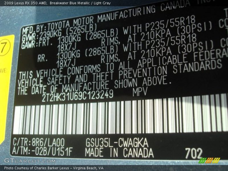 Breakwater Blue Metallic / Light Gray 2009 Lexus RX 350 AWD