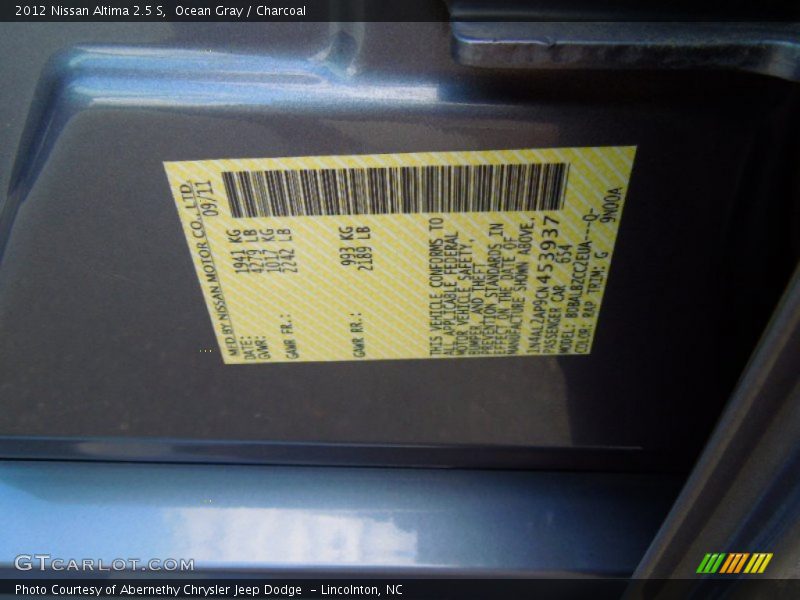 Ocean Gray / Charcoal 2012 Nissan Altima 2.5 S