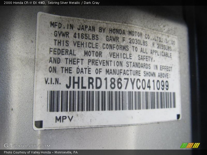 Sebring Silver Metallic / Dark Gray 2000 Honda CR-V EX 4WD