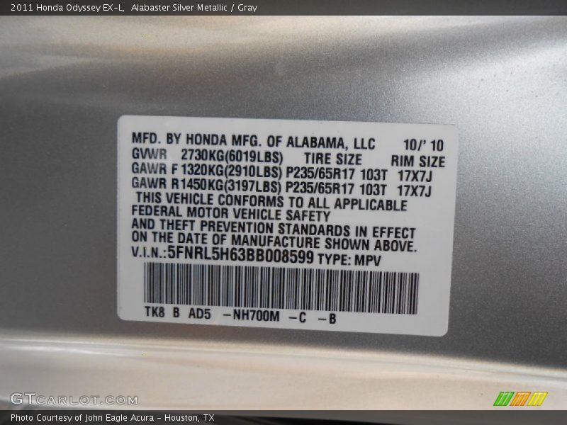 Alabaster Silver Metallic / Gray 2011 Honda Odyssey EX-L
