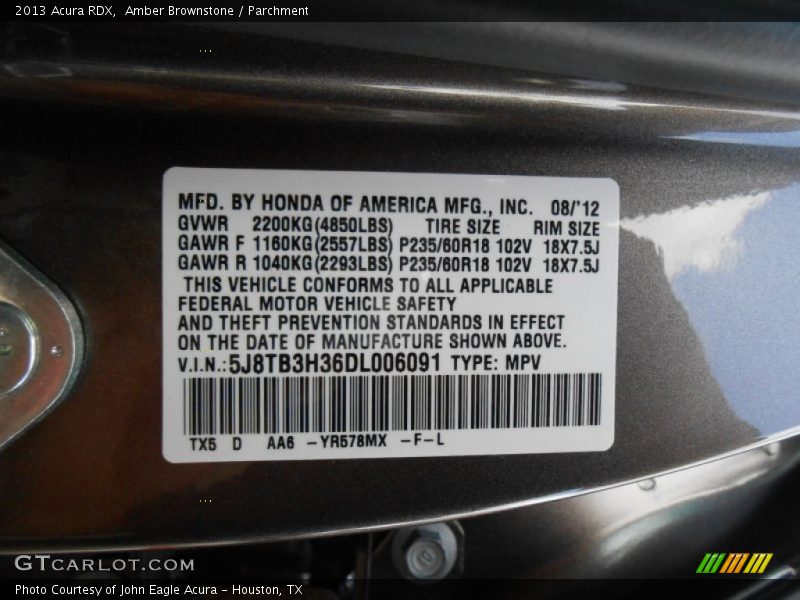 2013 RDX  Amber Brownstone Color Code YR578MX