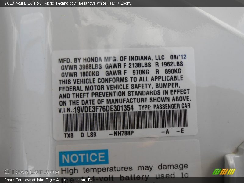2013 ILX 1.5L Hybrid Technology Bellanova White Pearl Color Code NH788P