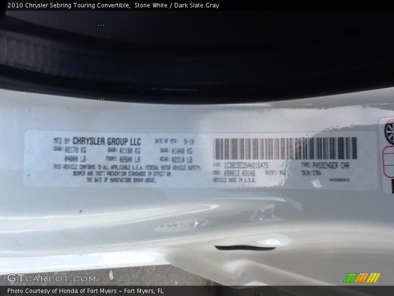 Stone White / Dark Slate Gray 2010 Chrysler Sebring Touring Convertible