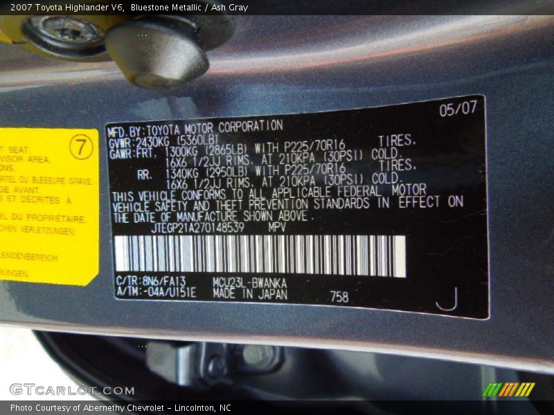Bluestone Metallic / Ash Gray 2007 Toyota Highlander V6